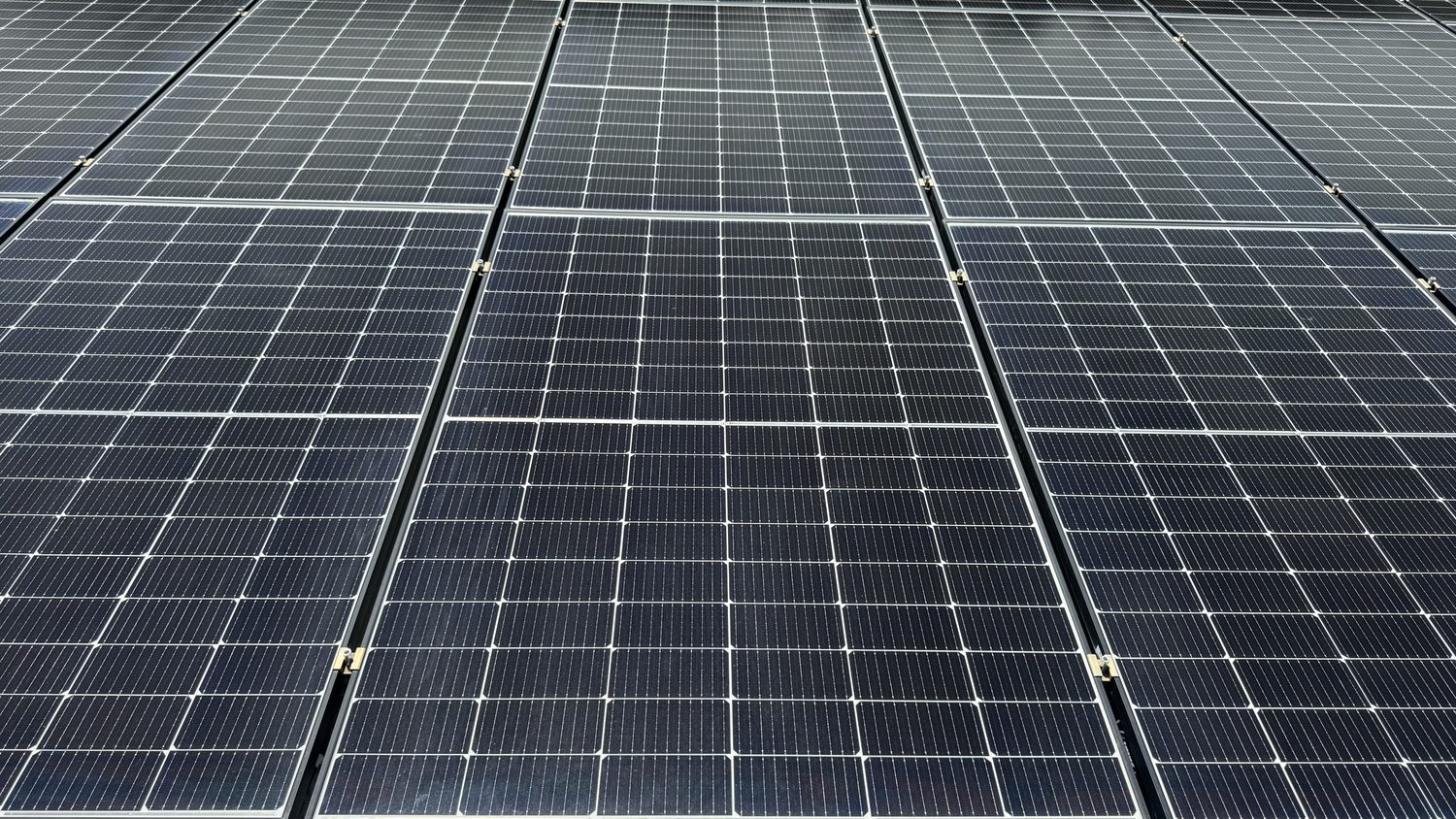 Close view of cleaned photovoltaic panels on a commercial roof